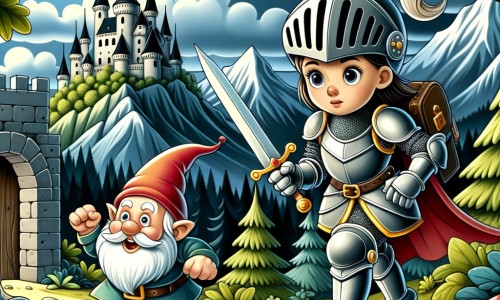 Une illustration destinée aux enfants représentant une chevalière intrépide, sur le point de partir à l'aventure pour récupérer un objet magique volé, accompagnée d'un petit lutin malicieux, dans un château fortifié entouré de montagnes escarpées et de forêts sombres.
