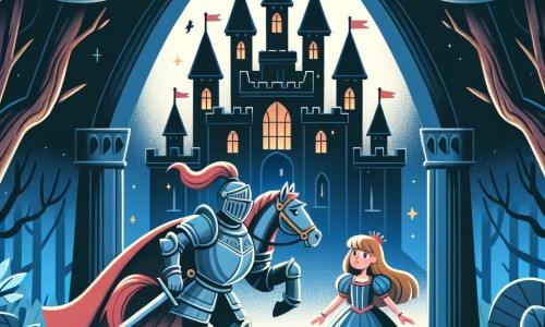 Une illustration destinée aux enfants représentant un chevalier courageux, sur le point de sauver une princesse captive, dans un château majestueux entouré d'une forêt sombre et mystérieuse.