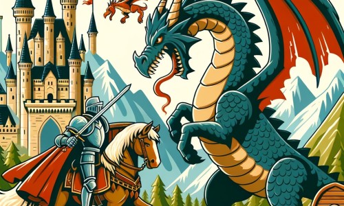 Une illustration destinée aux enfants représentant un chevalier courageux, prêt à combattre un dragon redoutable, accompagné de son fidèle destrier, dans un royaume médiéval avec un château imposant et des montagnes majestueuses en arrière-plan.