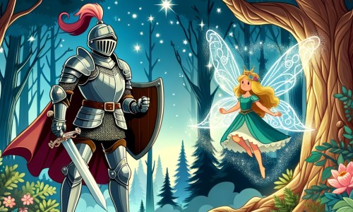 Une illustration destinée aux enfants représentant un courageux chevalier, prêt à affronter une armée ennemie, accompagné d'une mystérieuse fée, dans une forêt enchantée aux arbres majestueux et étincelants de magie.