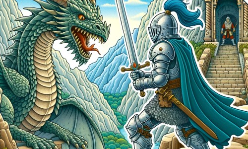 Une illustration destinée aux enfants représentant un chevalier courageux, en armure étincelante, affrontant un dragon redoutable dans un temple ancien perdu au sommet d'une montagne escarpée.