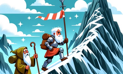 Une illustration destinée aux enfants représentant un chevalier courageux et déterminé, se lançant dans une quête périlleuse accompagné d'un vieil ermite, à travers une montagne escarpée et dangereuse, à la recherche de l'épée magique d'Excalibur.