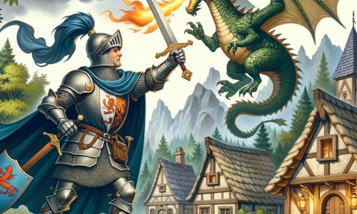 Une illustration pour enfants représentant un courageux chevalier se lançant dans une quête périlleuse pour sauver son village d'un dragon redoutable, dans un royaume enchanté.