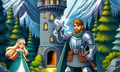 Une illustration destinée aux enfants représentant un courageux chevalier, armé de son épée étincelante, qui doit sauver une princesse captive dans une tour sombre et mystérieuse, entourée d'une forêt dense et d'imposantes montagnes.