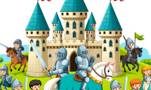 Une illustration destinée aux enfants représentant un chevalier courageux, accompagné de ses fidèles compagnons, combattant vaillamment une armée ennemie dans un château majestueux perché au sommet d'une colline verdoyante.