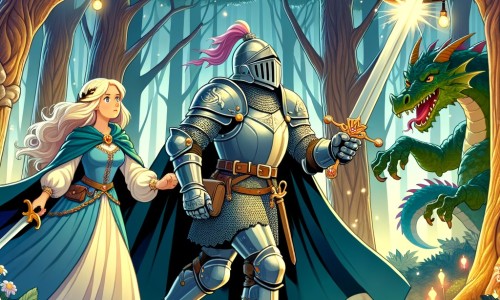 Une illustration pour enfants représentant un courageux chevalier se lançant dans une quête périlleuse contre un dragon, dans un royaume lointain rempli de mystères et de légendes.