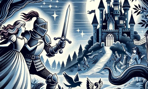 Une illustration pour enfants représentant un chevalier courageux se trouvant dans un château sombre et effrayant, prêt à sauver une princesse emprisonnée.
