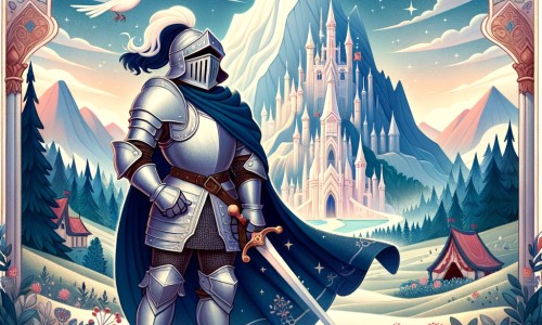 Une illustration pour enfants représentant un courageux chevalier se tenant devant une montagne mystérieuse, prêt à relever un défi périlleux dans un royaume lointain.