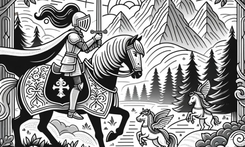 Une illustration destinée aux enfants représentant une chevalière courageuse, affrontant une malédiction dans un royaume enchanté, accompagnée de créatures magiques, dans une forêt mystérieuse entourée de montagnes majestueuses.