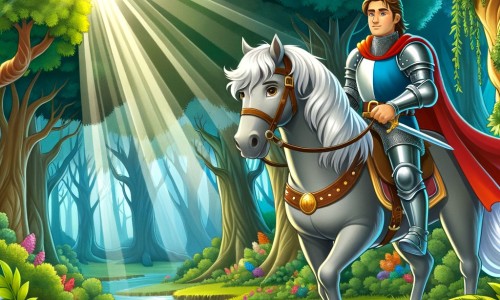 Une illustration pour enfants représentant un courageux chevalier se lançant dans une quête épique à travers une forêt enchantée.