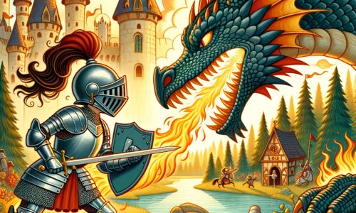 Une illustration pour enfants représentant une chevalière intrépide, affrontant un dragon féroce dans un royaume médiéval enchanté.