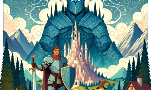 Une illustration destinée aux enfants représentant un fier chevalier courageux, se tenant devant une imposante montagne mystique, accompagné d'un gardien mystérieux, dans un royaume médiéval enchanté.