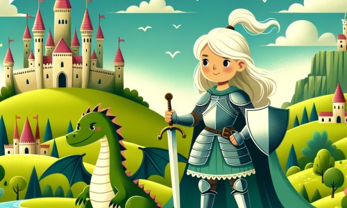 Une illustration destinée aux enfants représentant une chevalière intrépide se tenant fièrement au sommet d'une colline verdoyante, accompagnée d'un fidèle dragon, dans un royaume médiéval rempli de châteaux majestueux et de prairies enchantées.