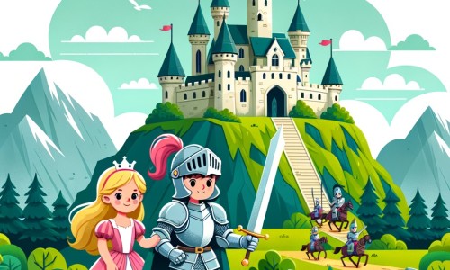 Une illustration destinée aux enfants représentant un chevalier courageux, prêt à se battre contre une armée ennemie, accompagné d'une princesse, dans un château majestueux perché au sommet d'une montagne verdoyante.