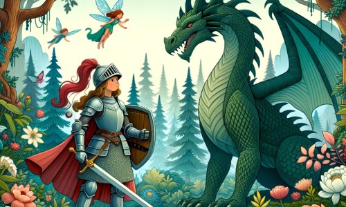 Une illustration destinée aux enfants représentant une chevalière courageuse, se tenant fièrement devant un dragon redoutable, dans une forêt enchantée avec des arbres majestueux, des fleurs colorées et des fées virevoltantes.