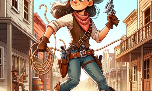 Une illustration pour enfants représentant une cow-girl audacieuse défiant les bandits dans l'Ouest sauvage de Dusty Creek.
