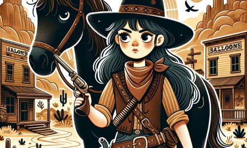 Une illustration destinée aux enfants représentant une courageuse cowgirl, perdue dans un paysage sauvage de l'Ouest américain, accompagnée de son fidèle cheval noir, dans une petite ville poussiéreuse remplie de saloons et de chercheurs d'or.
