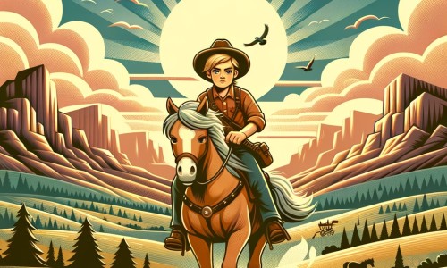 Une illustration pour enfants représentant un jeune cow-boy courageux, à la recherche d'aventures passionnantes, dans les vastes plaines de l'Ouest américain.