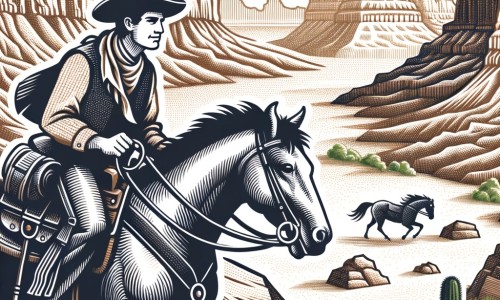 Une illustration pour enfants représentant un jeune cow-boy courageux dans l'Ouest américain, qui aide un convoi de chariots à traverser les terres sauvages et à surmonter les épreuves.