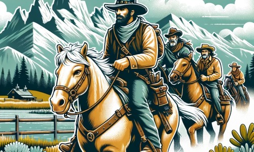 Une illustration destinée aux enfants représentant un cow-boy courageux chevauchant à travers les vastes plaines de l'Ouest sauvage, accompagné de ses fidèles amis, à la recherche d'un trésor caché dans les majestueuses montagnes rocheuses.