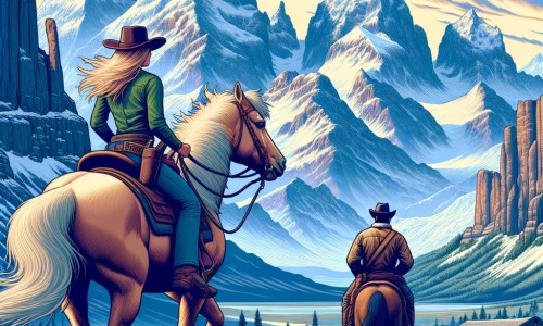 Une illustration destinée aux enfants représentant une cow-girl intrépide, chevauchant à travers les majestueuses montagnes de l'Ouest américain, accompagnée d'un jeune homme cherchant à se racheter, tandis que les sommets enneigés et les canyons profonds se dressent en arrière-plan.