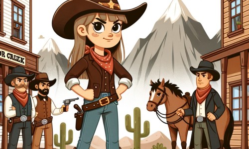 Une illustration pour enfants représentant une femme cow-boy courageuse qui arrive dans une petite ville de l'Ouest américain et doit faire face à des cow-boys dangereux.