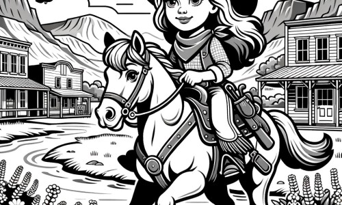 Une illustration pour enfants représentant une cow-girl courageuse, vivant dans l'Ouest sauvage, qui réalise son rêve en participant à un grand concours de cow-boys et cow-girls dans la petite ville de Dusty Creek.