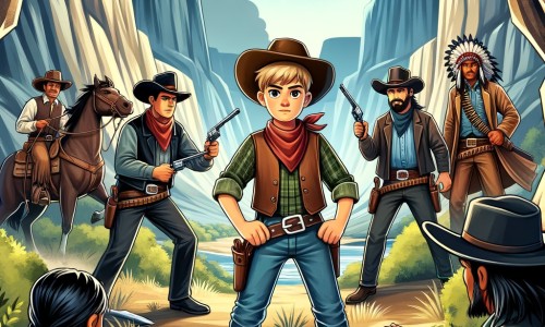 Une illustration destinée aux enfants représentant un jeune cow-boy courageux, affrontant des bandits dans un canyon étroit et sauvage de l'Ouest américain, avec l'aide de ses fidèles amis cow-boys et Indiens.