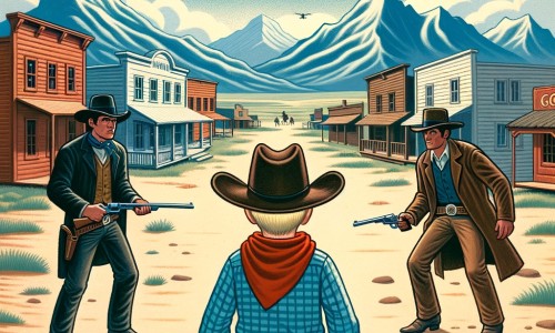 Une illustration pour enfants représentant un cow-boy courageux, affrontant les dangers de l'Ouest sauvage pour protéger sa ville bien-aimée, Dusty Creek.