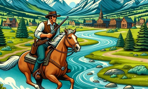 Une illustration pour enfants représentant un jeune cow-boy courageux, dans une situation d'aventure mystérieuse, se déroulant dans l'Ouest sauvage des États-Unis.