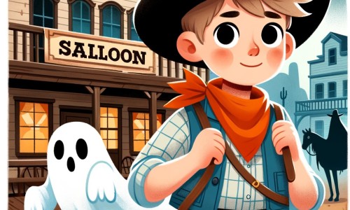 Une illustration pour enfants représentant un cow-boy courageux, explorant un saloon hanté dans l'immense Ouest américain.