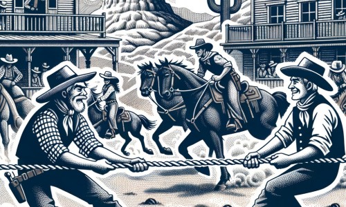 Une illustration destinée aux enfants représentant un jeune cow-boy courageux, faisant face à un défi de tir à la corde, avec l'aide d'un vieux cow-boy sage, dans un saloon animé de l'Ouest américain, entouré de chevaux et de cactus.