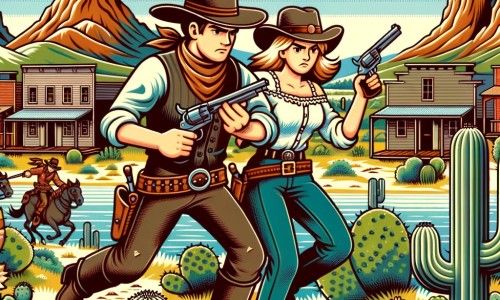 Une illustration destinée aux enfants représentant un courageux cow-boy, affrontant des hors-la-loi avec l'aide d'une femme courageuse, dans une petite ville de l'Ouest américain entourée de collines, de cactus et de vastes étendues sauvages.