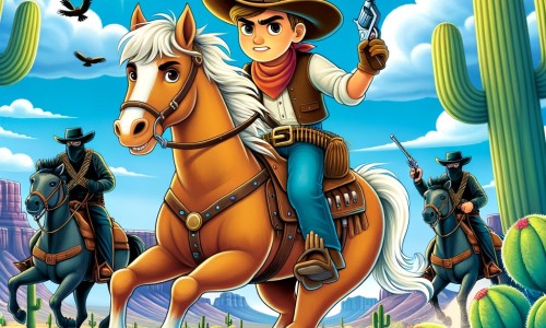 Une illustration destinée aux enfants représentant un jeune cow-boy courageux, à cheval avec son fidèle cheval Lucky, affrontant des bandits dans les vastes plaines de l'Ouest sauvage, entourés de cactus géants et sous un ciel bleu éclatant.