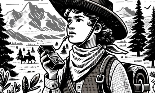 Une illustration pour enfants représentant une cowgirl courageuse, en quête d'un trésor légendaire, dans l'Ouest sauvage des États-Unis.