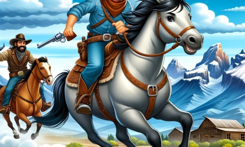 Une illustration pour enfants représentant un cow-boy courageux et solitaire, affrontant des bandits dans les vastes plaines de l'Ouest américain.