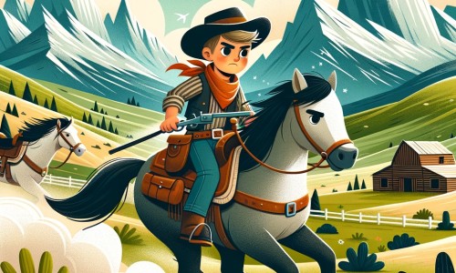 Une illustration destinée aux enfants représentant un jeune cow-boy courageux à cheval, affrontant des voleurs avec l'aide de son fidèle ami Tom, dans les vastes étendues de l'Ouest américain, où les collines verdoyantes rencontrent les majestueuses montagnes enneigées.