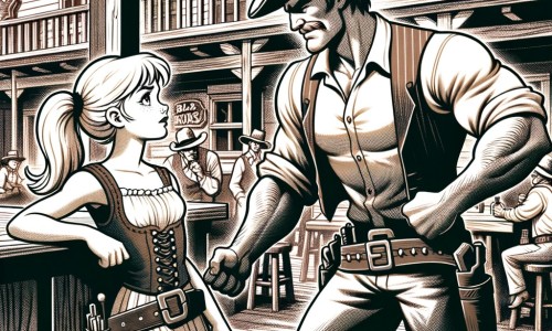 Une illustration destinée aux enfants représentant une jeune cow-girl courageuse, se trouvant dans un saloon animé d'un village de l'Ouest américain, où elle fait la rencontre d'un homme grand et costaud.