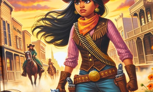Une illustration pour enfants représentant une cow-girl courageuse, confrontée à l'injustice dans l'Ouest sauvage de l'Amérique.