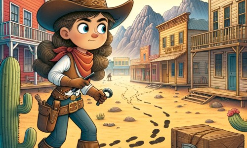 Une illustration pour enfants représentant une cow-girl courageuse et déterminée, confrontée à un vol mystérieux dans une petite ville de l'Ouest américain.