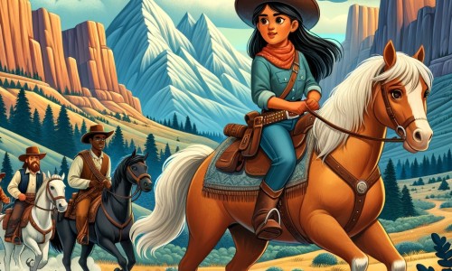 Une illustration destinée aux enfants représentant une courageuse cow-girl, chevauchant son fidèle destrier, traversant les vastes plaines de l'ouest sauvage, à la recherche d'un trésor caché, avec l'aide de deux autres cow-boys, dans les montagnes majestueuses où se trouve une grotte mystérieuse.
