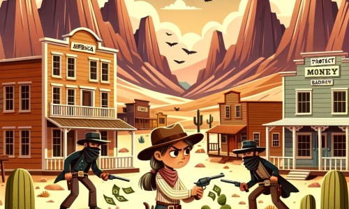 Une illustration pour enfants représentant une courageuse cow-girl qui devient shérif dans une ville de l'Ouest américain et doit faire face à des bandits dangereux.