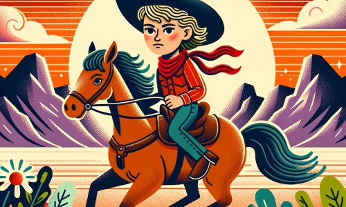 Une illustration pour enfants représentant une cowgirl intrépide, défiant les hors-la-loi dans les vastes plaines de l'Ouest sauvage.
