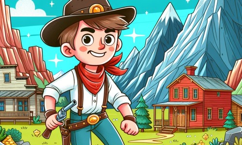 Une illustration pour enfants représentant un cow-boy courageux dans l'Ouest sauvage, prêt à affronter les dangers des montagnes Rocheuses pour trouver l'or dans une petite ville minière.