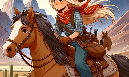 Une illustration destinée aux enfants représentant une jeune cowgirl intrépide, chevauchant à travers les vastes plaines de l'Ouest américain avec son fidèle cheval, à la recherche d'un trésor caché dans les montagnes majestueuses et escarpées du Wild West.