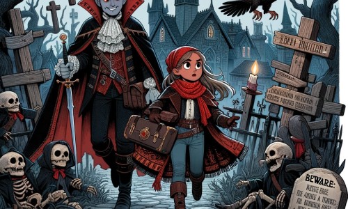 Une illustration pour enfants représentant un vampire gentil qui aide une petite fille à retrouver une fiole magique volée par la reine des vampires dans un monde sombre et effrayant.