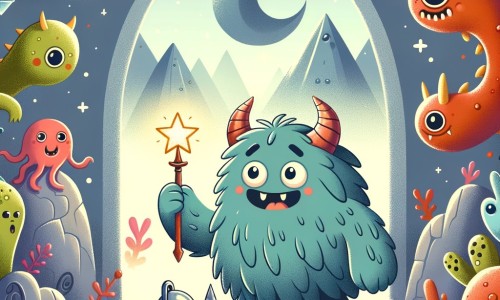 Une illustration pour enfants représentant un monstre au cœur tendre qui se lance dans une quête pour prouver sa valeur, dans un monde lointain et mystérieux peuplé de créatures fantastiques.