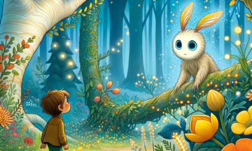 Une illustration destinée aux enfants représentant une adorable créature fantastique, différente des autres, qui rencontre un petit lapin curieux dans une forêt enchantée où les arbres semblent danser et les fleurs briller de mille couleurs.