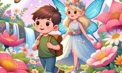 Une illustration destinée aux enfants représentant une fée aux ailes scintillantes, accompagnée d'un jeune explorateur, dans un royaume féérique aux fleurs géantes, aux cascades scintillantes et aux papillons multicolores.