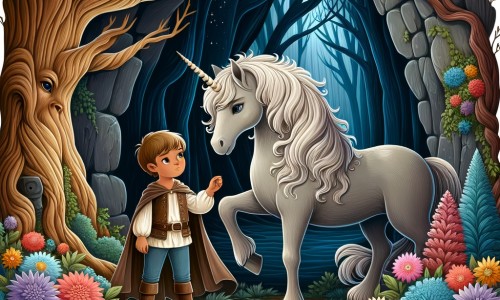 Une illustration destinée aux enfants représentant une licorne majestueuse, prisonnière dans une sombre grotte, accompagnée d'un courageux jeune garçon, dans une forêt enchantée aux arbres centenaires et aux fleurs colorées.